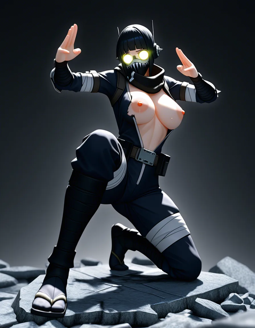 dynamic anime battle statue, @hyuuga_hinata in an action stance with her ninja outfit, one knee down on a broken stone base, torn fabric, battle-damaged outfit, intense gaze, cinematic side-lighting, detailed cloth physics, collectible figure sculpt, ZBrush render , nipples , large_areolae, seed 36233355588, score_9, score_8, 3d render, octane render, subsurface scattering, ray tracing, smooth shading