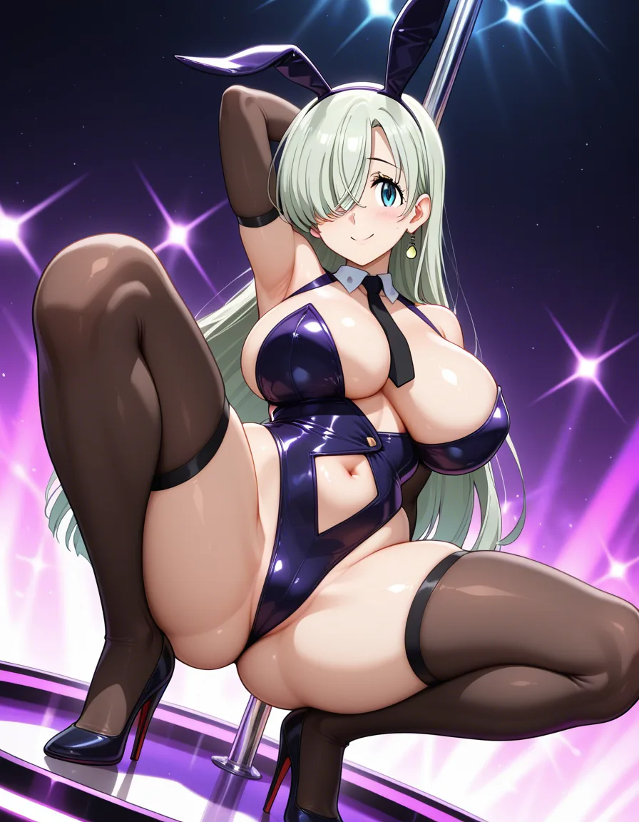 1 female, elizabeth liones, pole dancing, sexy outfit, curvy, club atmosphere, smiling, high quality, spread_legs, shiny,, hentai_studio_quality