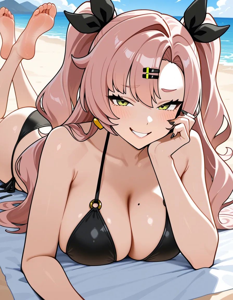 Masterpiece, Nicole Demara, voluptous curvy body, lying_on_stomach with feet crossed upwards, bikini, beach, sultry naughty smile, dominant seductive pose, black polished nails, hentai_studio_quality, hentai_studio_quality
