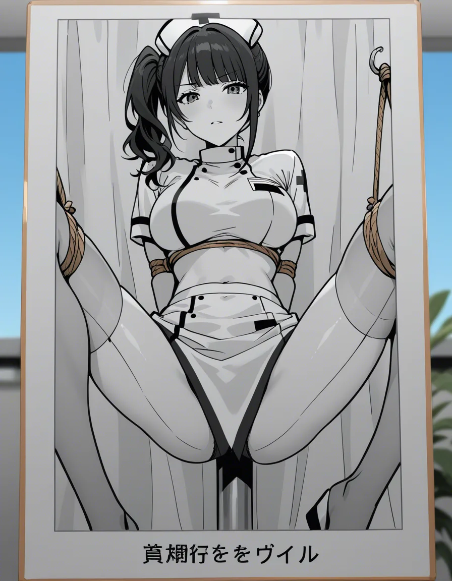 highres, vivid, nurse, presenting, midriff, side ponytail, manga panel look, tied to pole, hentai_studio_quality