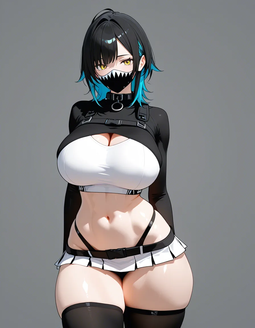 Fit girl with medium length hair, two-tone hair, huge breasts and thick thighs wearing a tight crop-top, a micro-skirt, thigh highs, and a collar posing erotically, score_9, score_8, 3d render, octane render, subsurface scattering, ray tracing, smooth shading