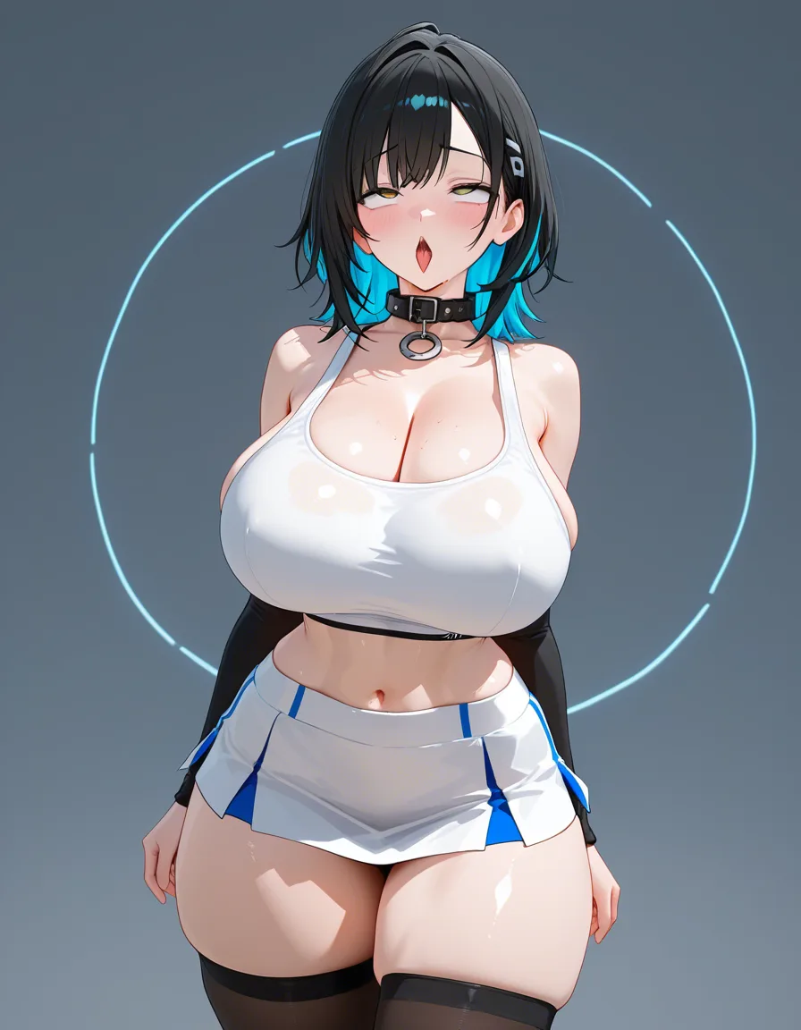 Fit girl with medium length hair, two-tone hair, huge breasts and thick thighs wearing a tight crop-top, a micro-skirt, thigh highs, and a collar posing sexually, making ahegao face, score_9, score_8, 3d render, octane render, subsurface scattering, ray tracing, smooth shading