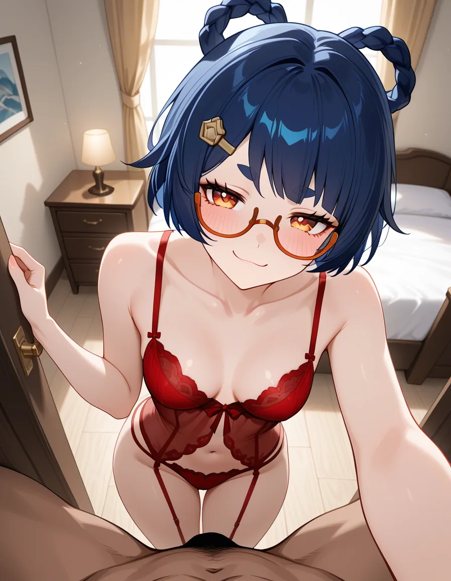 @xiangling_(genshin_impact), glasses, standing in bedroom, /hentai_studio_quality, smug, small_breasts, red lingerie, hentai_studio_quality, red_eyes, dark black_hair, pov_crotch, hentai_studio_quality