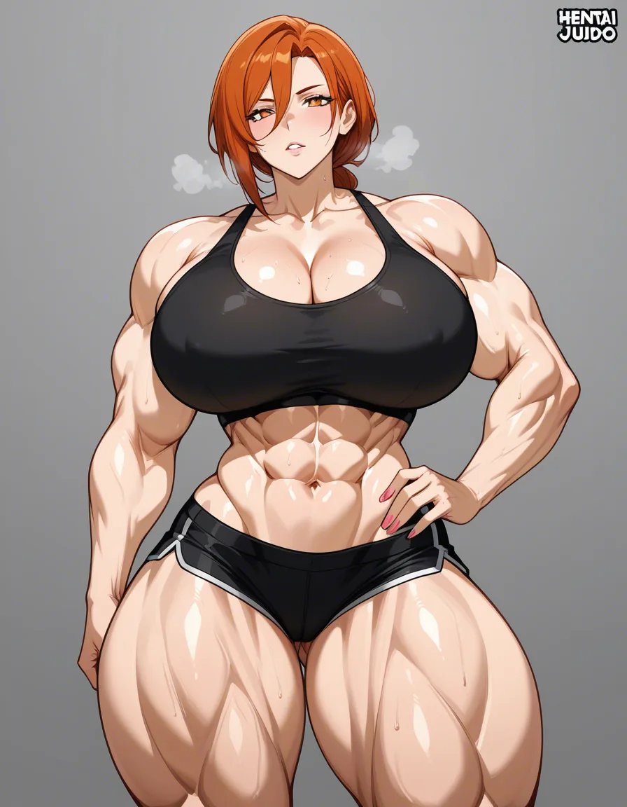 1girl mature_female female muscular_female crop_top  no_panties pubic_hair pussy cleavage pussy_juice thick_thighs, hentai_studio_quality