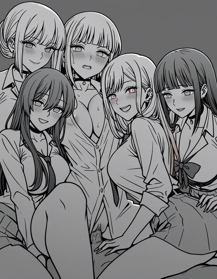 5girls @hyuuga_hinata @kitagawa_marin @nami_(one_piece) @android_18 @yor_briar #school_uniform group_sex, hentai_studio_quality