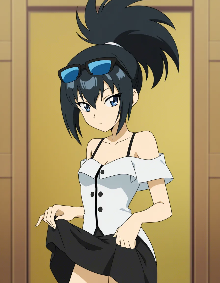 petite black_hair high ponytail. White off shoulders dress with black short length skirt, eyewear_on_head, skirt_lift, (anime style:1.3), 2d, anime screencap, cel shading, flat color