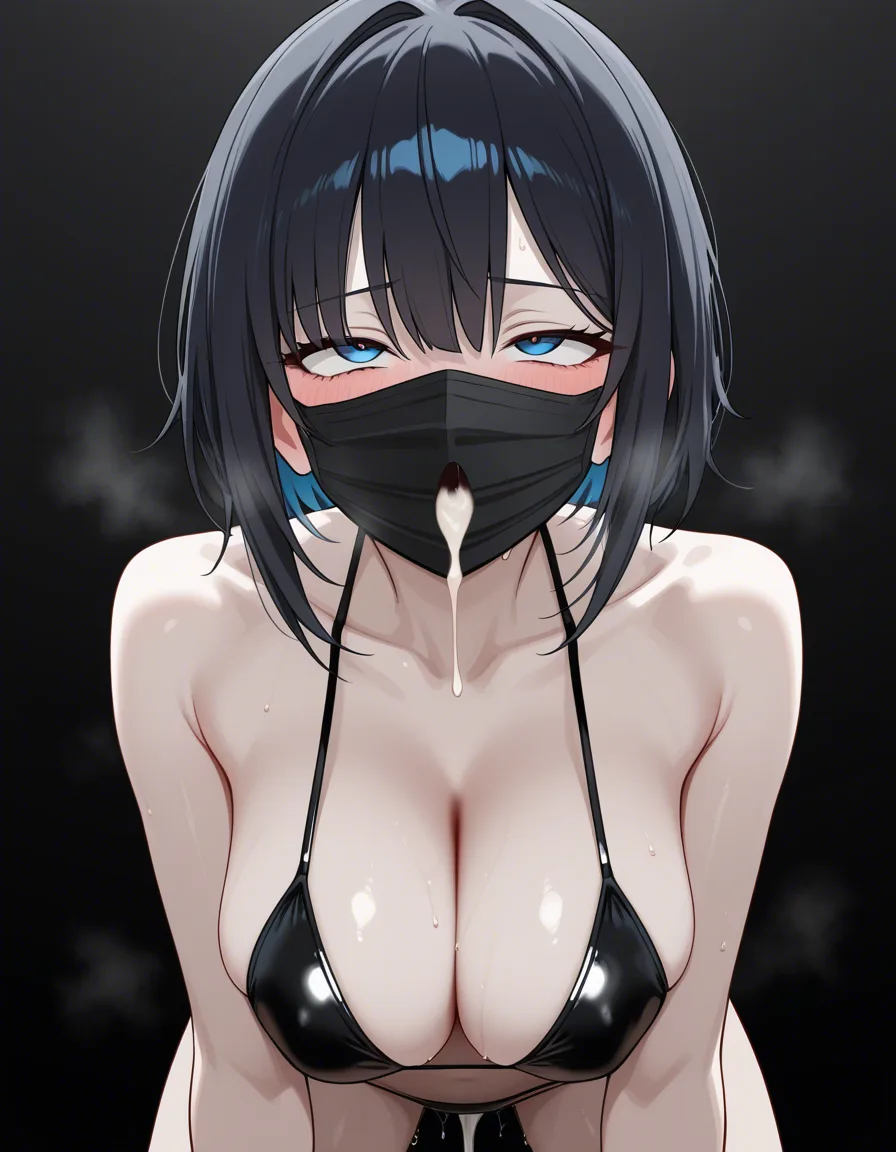 a petite woman, 5'3, 23, 41-25-38 ratio, huge g cup boobs. peircing blue eyes, dark hair. she wears clothes that purposefully show off her boobs as much as possible (bikinis, casual clothes), they are often straining against everything and bulging out of whatever top she is wearing, low neckline, face mask covering her mouth (black), pale skin, she gives a tit fuck, cum all_fours ahegao cum_in_mouth, hentai_studio_quality