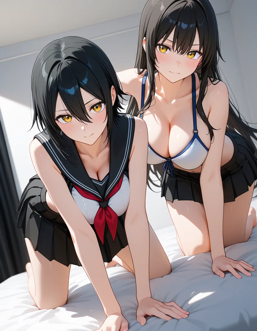 ultra detailed shading, multiple girls, collarbone, black skirt, bent over, on bed, visual novel art Make it like kurora porn comics, score_9, score_8, 3d render, octane render, subsurface scattering, ray tracing, smooth shading