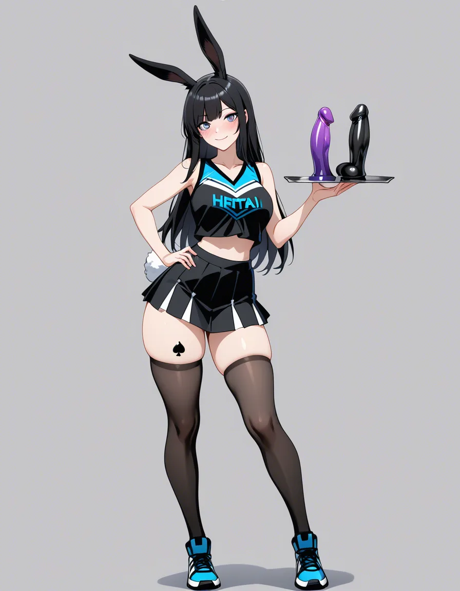 masterpiece, clean art, solo_focus , 1girl, long_hair, eager , encouraging, goth, black_hair , hand_up , thighhighs, rabbit_ears , rabbit_tail, makeup , thighs , perfect anataomy, perfect proportions, spade tattoo on thigh, happy, cheerleader, standing, light_smile, blush , full_body , holding_tray, dildo on tray, hentai_studio_quality, hentai_studio_quality