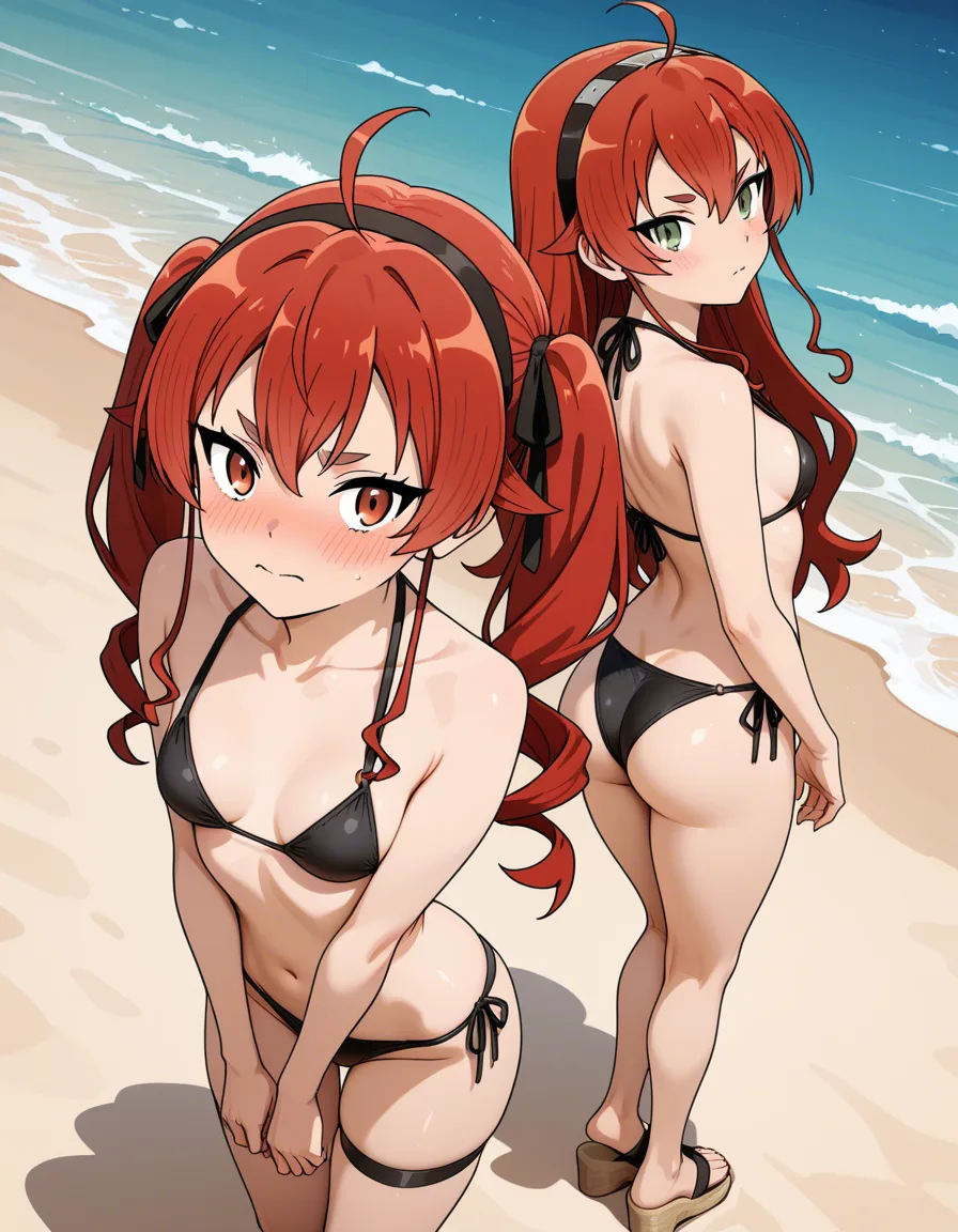small_breasts twintails red_hair, emerald eyes, Eris Boreas Greyrat, mushoku tensei, hentai_studio_quality, beach, full_body, small butts, embarrassed, hentai_studio_quality ,facing_viewer, hentai_studio_quality ,small_female, hentai_studio_quality