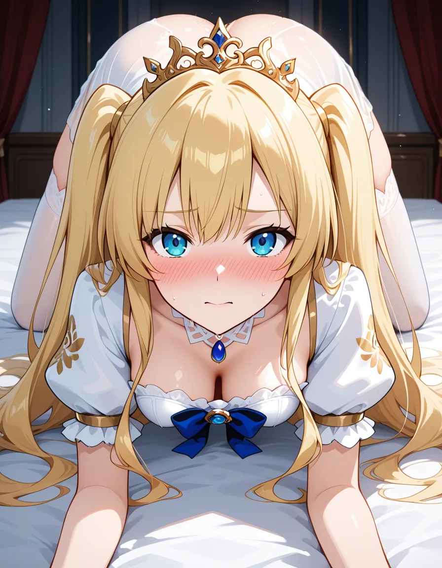 best quality, explicit detail, princess, puffy sleeves, on all fours, submissive blush, eroge aesthetic, hentai_studio_quality