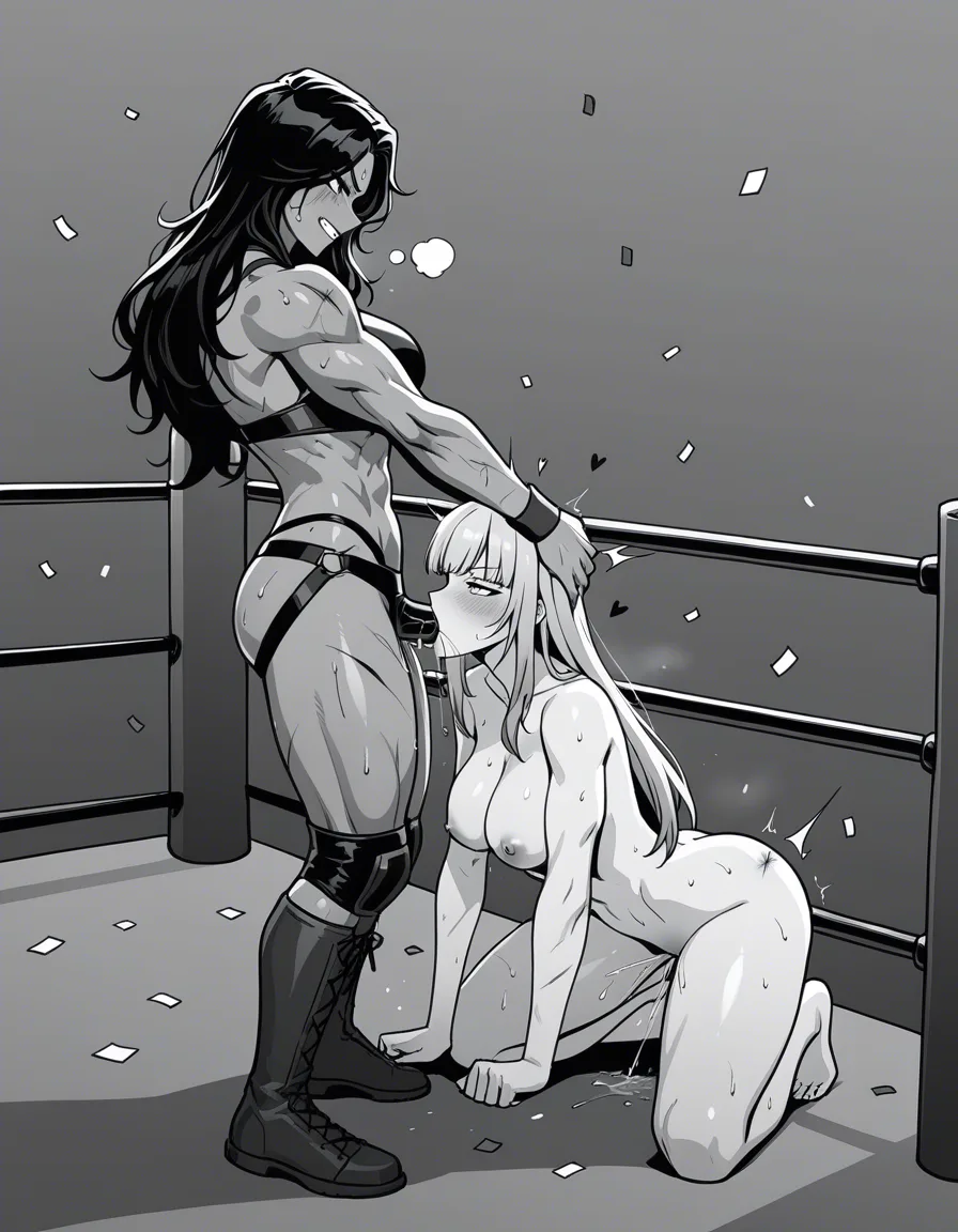 2girls , Best_quality, ultra_detailed, from_side , she-hulk , @mori_calliope-pink-hair, yuri sex ,wrestling_ring wrestling defeated, pussy_juice squirting orgasm , sweat, kneeling head_grab strap-on oral fellation, confetti nude,,, scratches,,, hentai_studio_quality, hentai_studio_quality
