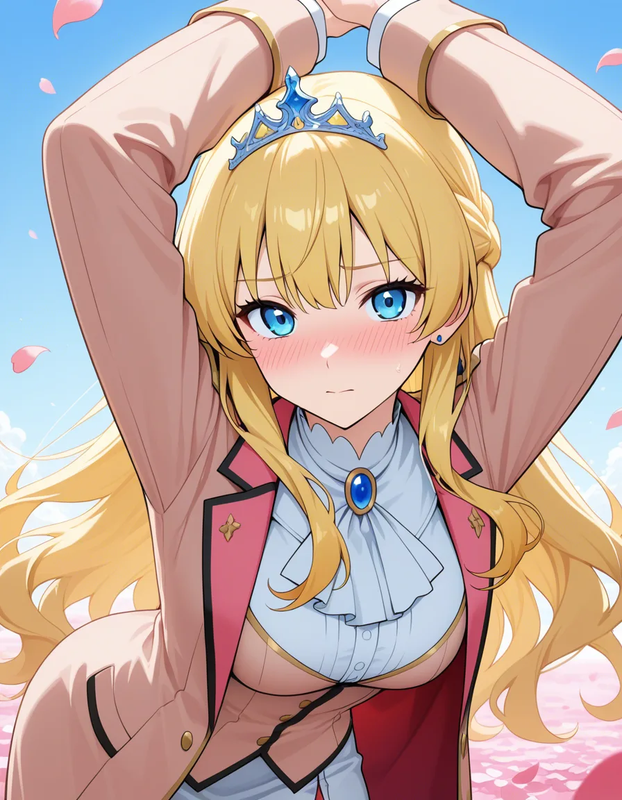 ultra detailed, princess, arms up, jacket, bent over, petals, submissive blush, vivid anime colors, hentai_studio_quality