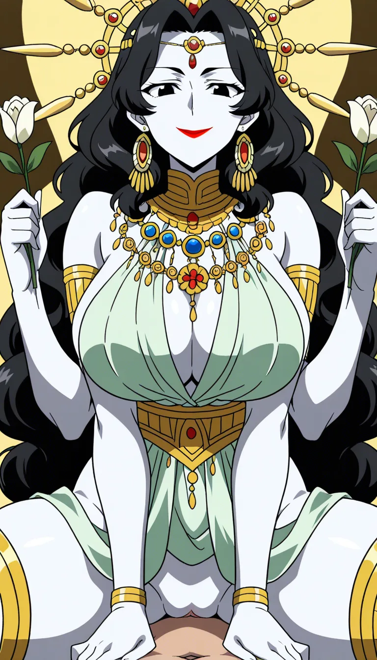 Maa Durga with multiple arms,  thick curly long black hair, Beautiful, ethnicity Hindu, Bengali, red lipstick, Accurate Anatomy, symmetrical body structure, Big chest, Thick thighs and arms, thick pelvis, blouse with intricate patterns and saree , Adorned Heavily in Indian Ornaments, black eyes, POV Sex, Symmetrical Tight Straddling Position, Having sex with viewer, vaginal sex, big all around Mukut Crown, devine radiance, Calm and Graceful Expression, confident smile with Erotic Expressions, flowers around in Symmetrical order, holding flowers, floral necklace,
