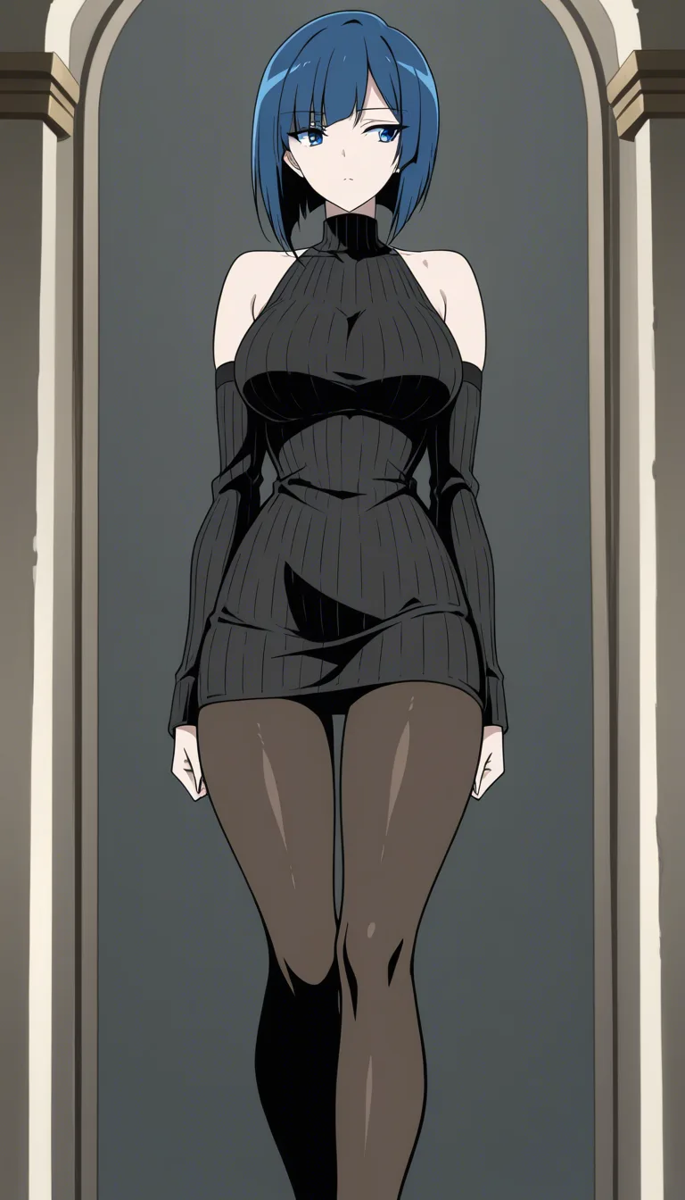 a breathtaking 18-year-old anime woman possessing a serene, high-fashion elegance, captured in a moment of quiet, atmospheric intensity. She has a perfectly sculpted hourglass silhouette, characterized by a delicate waist that flows into soft, feminine hips and long, toned legs with a natural, alluring fullness in the thighs. Her complexion is a luminous, porcelain pale, accented by a soft, ruby flush across her cheeks, which complements her striking, crystalline blue eyes and a chic, apricot-colored short bob that frames her face with precision. She is dressed in a sophisticated black knitted shoulderless turtleneck mini dress that clings to her curves with a luxurious weight; however, the fabric across her ample bust is completely saturated and soaked, creating a heavy, wet texture that emphasizes the shape of her chest without losing its refined appeal. Matching detached sleeves wrap around her arms, leaving her shoulders bare and glowing under a meticulously crafted lighting setup that casts a high-gloss sheen across her skin and the curves of her body. The focal point of her lower half is a pair of perfect light-brown sheer tights, rendered with an almost tactile realism; the granular texture of the nylon fibers is vividly visible, creating a sophisticated depth and a subtle, attractive shimmer that catches the light. She exudes a calm, feminine grace—an effortless blend of poise and subtle vulnerability—standing as a masterpiece of elegant beauty where every detail, from the dampness of the knit to the weave of the hosiery, feels tangibly real.