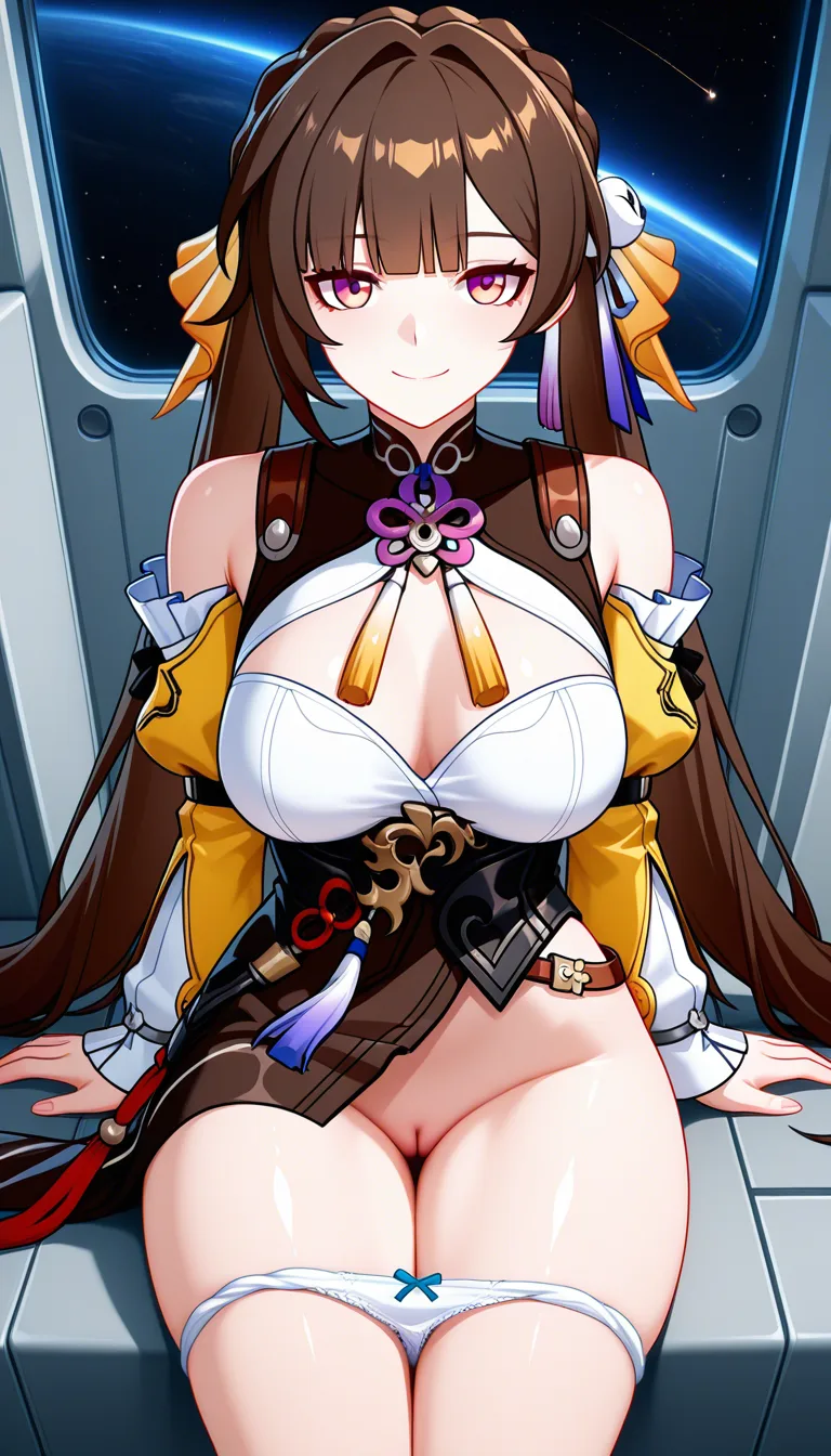 Masterpiece, honkai star rail, 1girl, Sushang, pussy, Easy going smile, medium breasts, sitting, thighs together, medium thighs, outfit, looking at viewer,  panties down, Space ship corridor.,,, value:0.1 for: hentai_studio_quality.,,, hentai_studio_quality, hentai_studio_quality, hentai_studio_quality, hentai_studio_quality, hentai_studio_quality, hentai_studio_quality, hentai_studio_quality, hentai_studio_quality, hentai_studio_quality, hentai_studio_quality, hentai_studio_quality, hentai_studio_quality, hentai_studio_quality, hentai_studio_quality, hentai_studio_quality