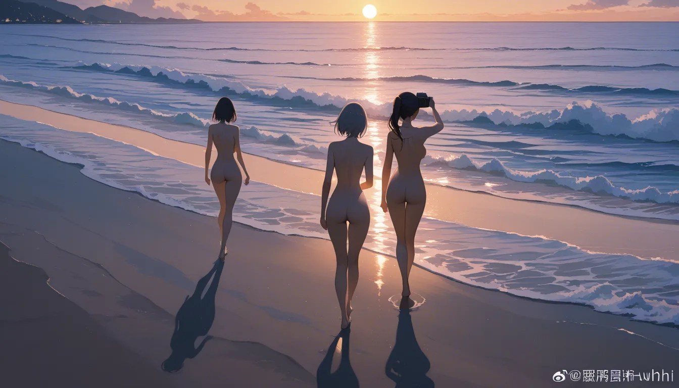 sharp focus, 8k uhd, 3girls, nude, walking toward camera, at the beach