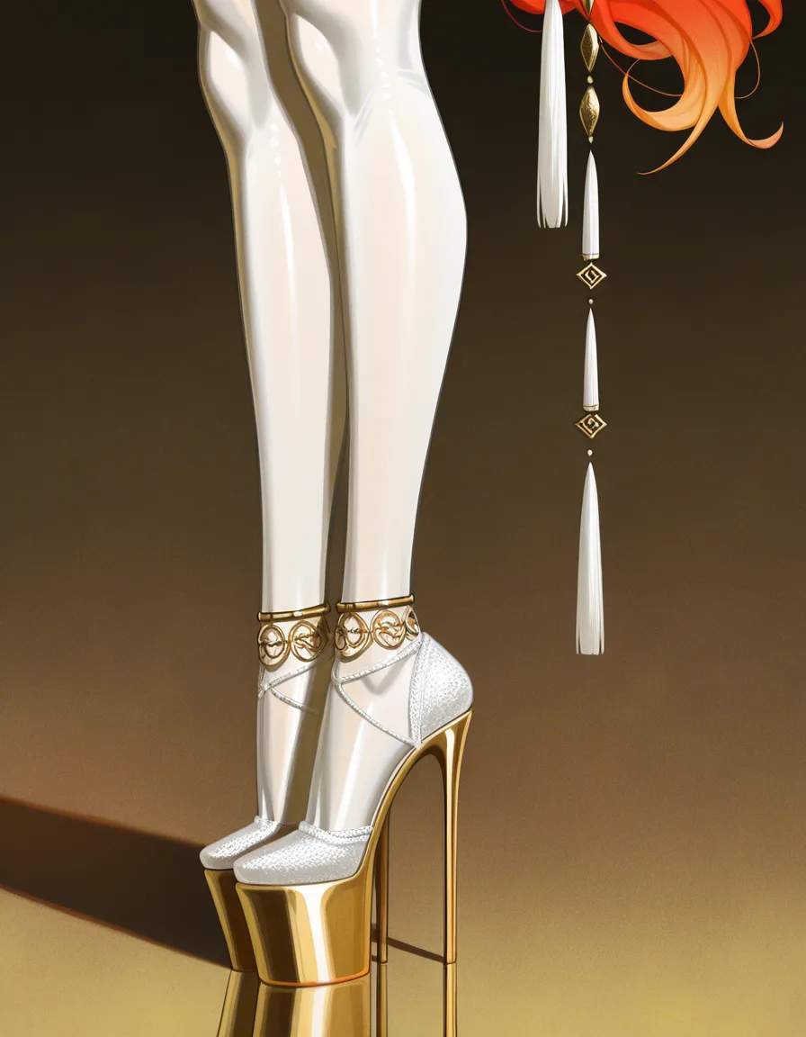 @makise_kurisu, a very slender waist in a white corset, white shiny stockings, shoes with extremely high gold heels and an extremely high gold platform, bright golden eyeshadow, voluminous large scarlet red lips, alabaster‑pink blush on the cheekbones, voluminous long eyelashes, long white slightly curled hair with a voluminous fringe, large white tassel earrings, a massive diamond necklace, bracelets, white lacy ..Side view., warm golden afternoon daylight, soft natural shadows, warm amber tones, gentle contrast, fine film grain, smooth clear skin, strikingly beautiful, radiant complexion, early twenties, hentai_studio_quality