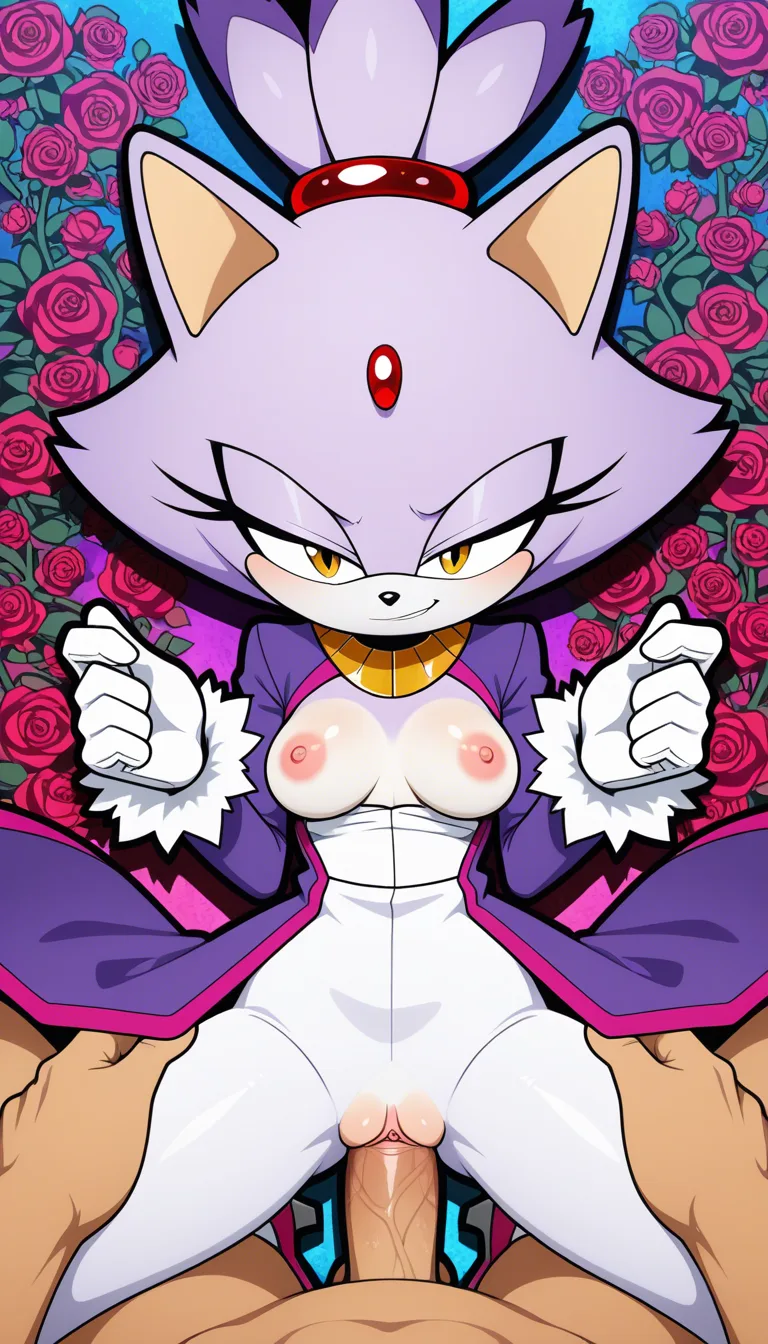 Blaze the Cat, mature female, purple fur, red jewel, a royal purple tailcoat with rose-pink trim, a gold neck collar, white leggings, white gloves with fluffy white cuffs, and rose-pink high-heeled shoes with matching fluffy cuffs. (Style: Digital illustration, cell shading, semi-flat coloring, painted soft shadows, vibrant saturated colors, matte finish, clean thin lineart, 2D anime style, no glossy reflections, no rim lights). Confident smirk, half-lidded eyes, pussy, Breasts, nipples, Pov Sex, Pov Vaginal Sex, Pov Vaginal penetration, Pov Pale cock, Garden Background, high quality, masterpiece, hand-drawn look, 1, hentai_studio_quality, hentai_studio_quality