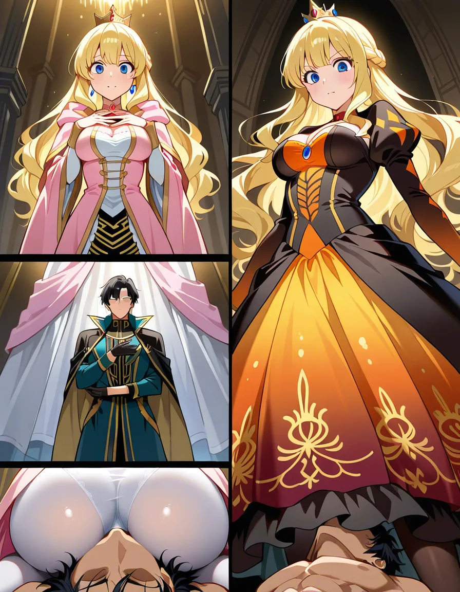 masterpiece, best quality, princess, standing, jacket, facesitting, smoldering look, manga panel look, hentai_studio_quality