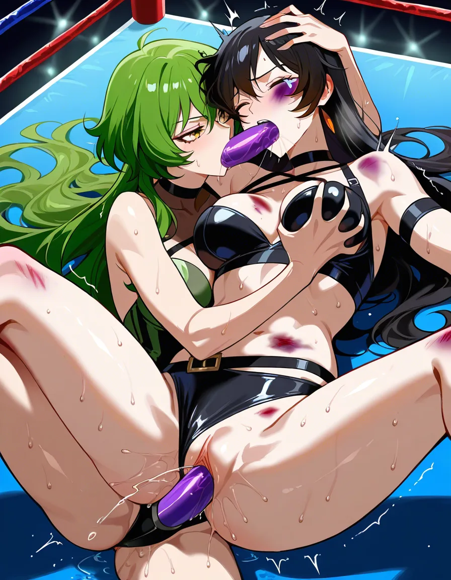Kali_belladonna_(rwby)_black_hair , @sailor_pluto_green_hair, 2girls yuri sex , wrestling_ring, wrestling orgasm pussy_juice, defeated, squirting , bruised, sweat from_side strap-on oral fellatio grabbing_another's_head, hentai_studio_quality
