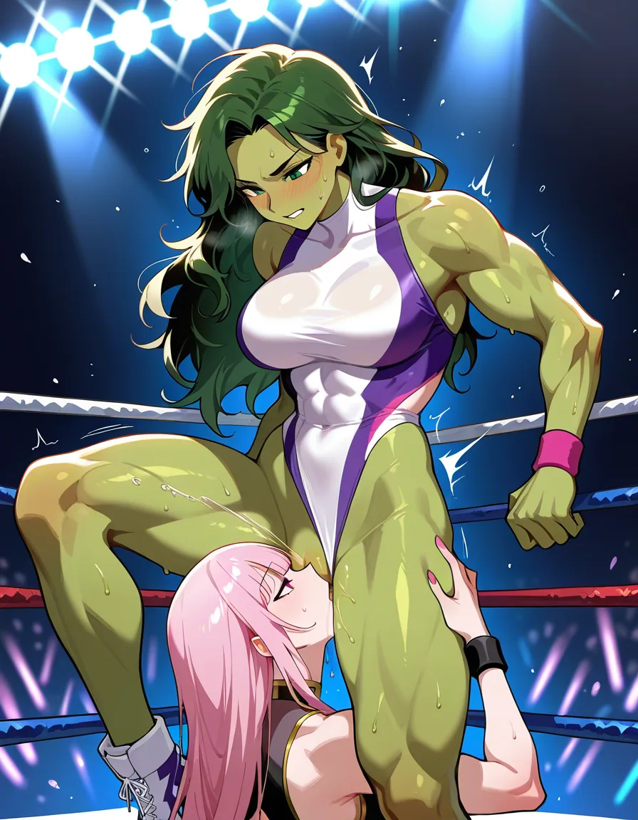 2girls , Best_quality, ultra_detailed, from_side , she-hulk , @mori_calliope-pink-hair,   yuri sex ,wrestling_ring wrestling defeated, pussy_juice squirting orgasm , sweat, oral cunnilingus, hentai_studio_quality