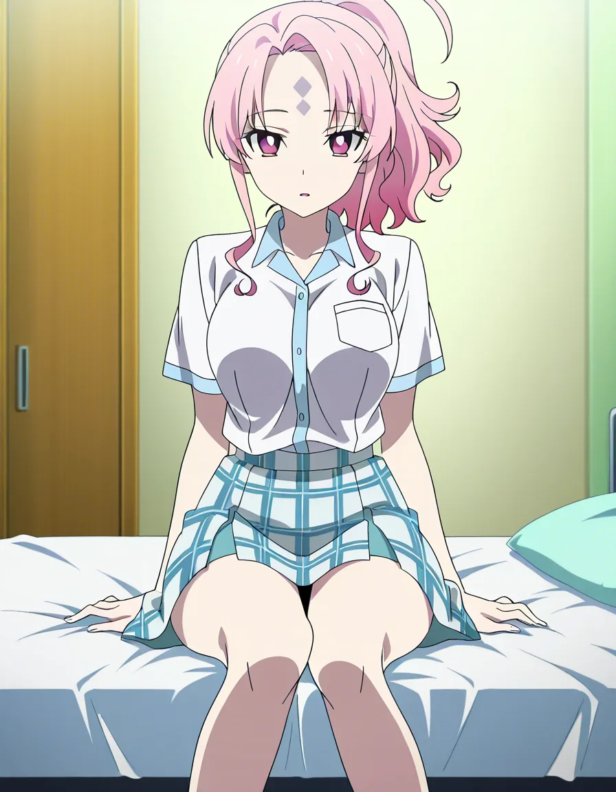 hentai_studio_quality, (anime style:1.3), 2d, anime screencap, cel shading, flat color. girl with pale pink eyes, long wavy pale pink hair, bangs pulled up in a short_ponytail, bare forehead, school_uniform, light blue plaid skirt, sitting in bed in a school nurse's office, shirt open, breasts_out, lactation, smiling lovingly hentai_studio_quality, hentai_studio_quality, hentai_studio_quality, hentai_studio_quality, hentai_studio_quality