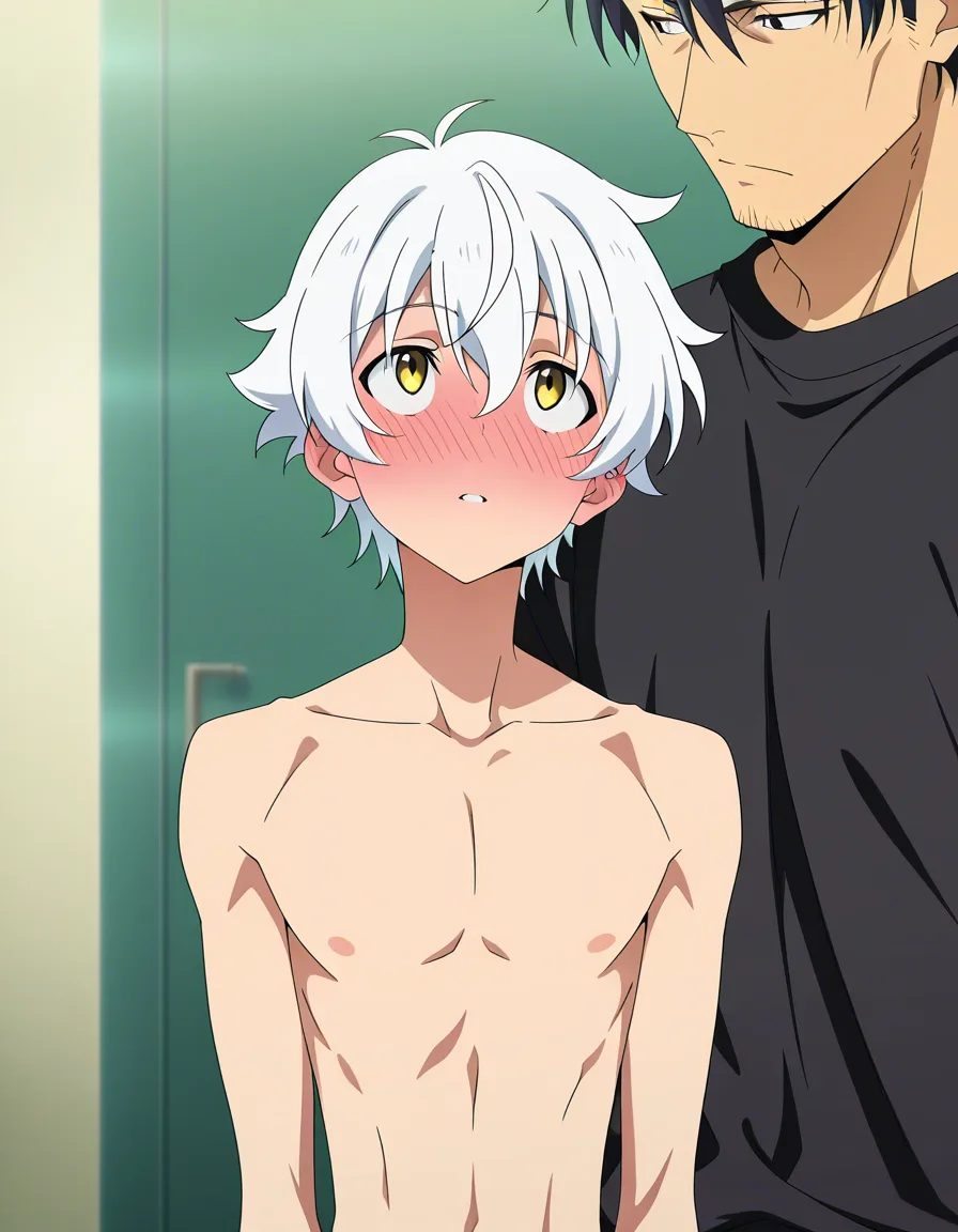 hentai_studio_quality, (anime style:1.3), 2d, anime screencap, cel shading, flat color. size_difference, yaoi, shorter boy, black_hair, black eyes, deressed casual, blushing, looking up at tall, handsome man, white hair, yellow_eyes, stubble, in topless_male, muscular, sweatpants, glaring down at him BREAK apartment front door, hentai_studio_quality, hentai_studio_quality, hentai_studio_quality, hentai_studio_quality, hentai_studio_quality, hentai_studio_quality, hentai_studio_quality, hentai_studio_quality