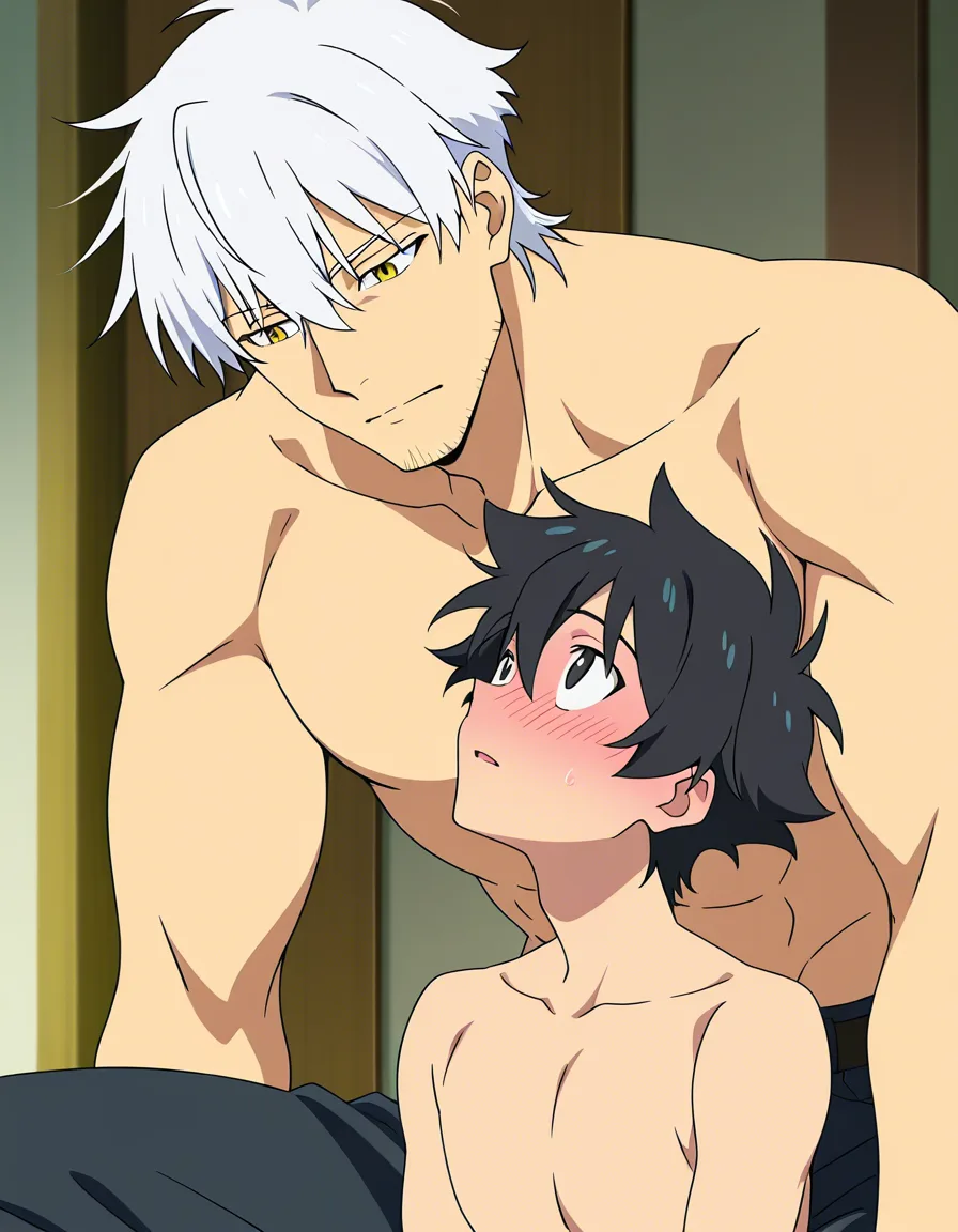 hentai_studio_quality, (anime style:1.3), 2d, anime screencap, cel shading, flat color. size_difference, yaoi, shorter boy, black_hair, black eyes, deressed casual, blushing, looking up at tall, handsome man, white hair, yellow_eyes, stubble, in topless_male, muscular, sweatpants, glaring down at him BREAK apartment front door, hentai_studio_quality, hentai_studio_quality, hentai_studio_quality, hentai_studio_quality, hentai_studio_quality, hentai_studio_quality, hentai_studio_quality, hentai_studio_quality, hentai_studio_quality