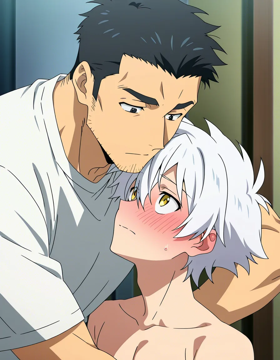 hentai_studio_quality, (anime style:1.3), 2d, anime screencap, cel shading, flat color. size_difference, yaoi, shorter boy, black_hair, black eyes, deressed casual, blushing, looking up at tall, handsome man, white hair, yellow_eyes, stubble, in topless_male, muscular, sweatpants, glaring down at him BREAK apartment front door, hentai_studio_quality