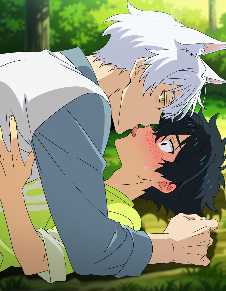 hentai_studio_quality, (anime style:1.3), 2d, anime screencap, cel shading, flat color. size_difference, yaoi, shorter boy, short black_hair, black eyes, dressed casual, blushing, on_back, french kissing a tall, handsome man, white hair, yellow_eyes, wolf_ears, wolf_tail, fangs, stubble, topless_male, muscular, sweatpants, glaring down at him BREAK japanese bedroom night, hentai_studio_quality, hentai_studio_quality, hentai_studio_quality, hentai_studio_quality, hentai_studio_quality, hentai_studio_quality
