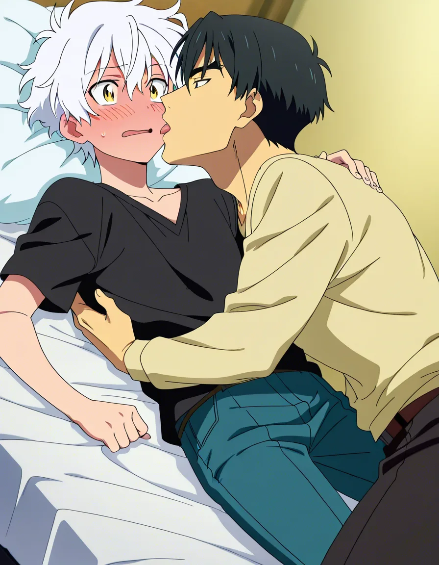 hentai_studio_quality, (anime style:1.3), 2d, anime screencap, cel shading, flat color. size_difference, yaoi, shorter boy, short black_hair, black eyes, dressed casual, blushing, laying on his back on a bed, french kissing a tall, handsome man, white hair, yellow_eyes, wolf_ears, wolf_tail, fangs, stubble, topless_male, muscular, sweatpants, glaring down at him BREAK bedroom night, hentai_studio_quality, hentai_studio_quality, hentai_studio_quality, hentai_studio_quality