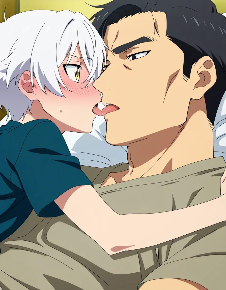 hentai_studio_quality, (anime style:1.3), 2d, anime screencap, cel shading, flat color. size_difference, yaoi. shorter boy, short black_hair, black eyes, dressed casual, blushing, laying on his back on a bed, french kissing a tall, handsome man, white hair, yellow_eyes, wolf_ears, wolf_tail, fangs, stubble, topless_male, muscular, sweatpants, glaring down at him BREAK bedroom night, hentai_studio_quality, hentai_studio_quality, hentai_studio_quality, hentai_studio_quality, hentai_studio_quality, hentai_studio_quality, hentai_studio_quality, hentai_studio_quality