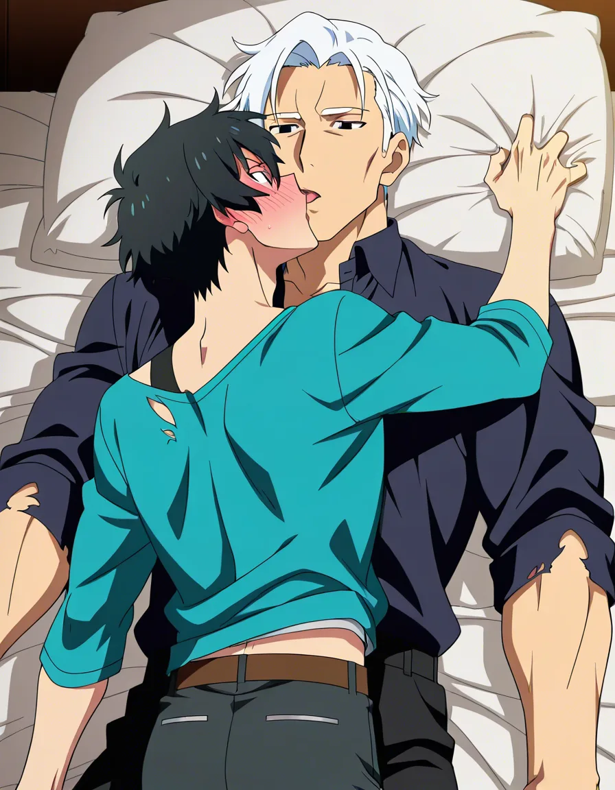 hentai_studio_quality, (anime style:1.3), 2d, anime screencap, cel shading, flat color. size_difference, yaoi. shorter boy, short black_hair, black eyes, dressed casual, blushing, laying on his back on a bed, torn_clothes, french kissing a tall, handsome man, white hair, yellow_eyes, wolf_ears, wolf_tail, fangs, stubble, topless_male, muscular, naked, ripping the other's clothes BREAK bedroom night, hentai_studio_quality, hentai_studio_quality, hentai_studio_quality