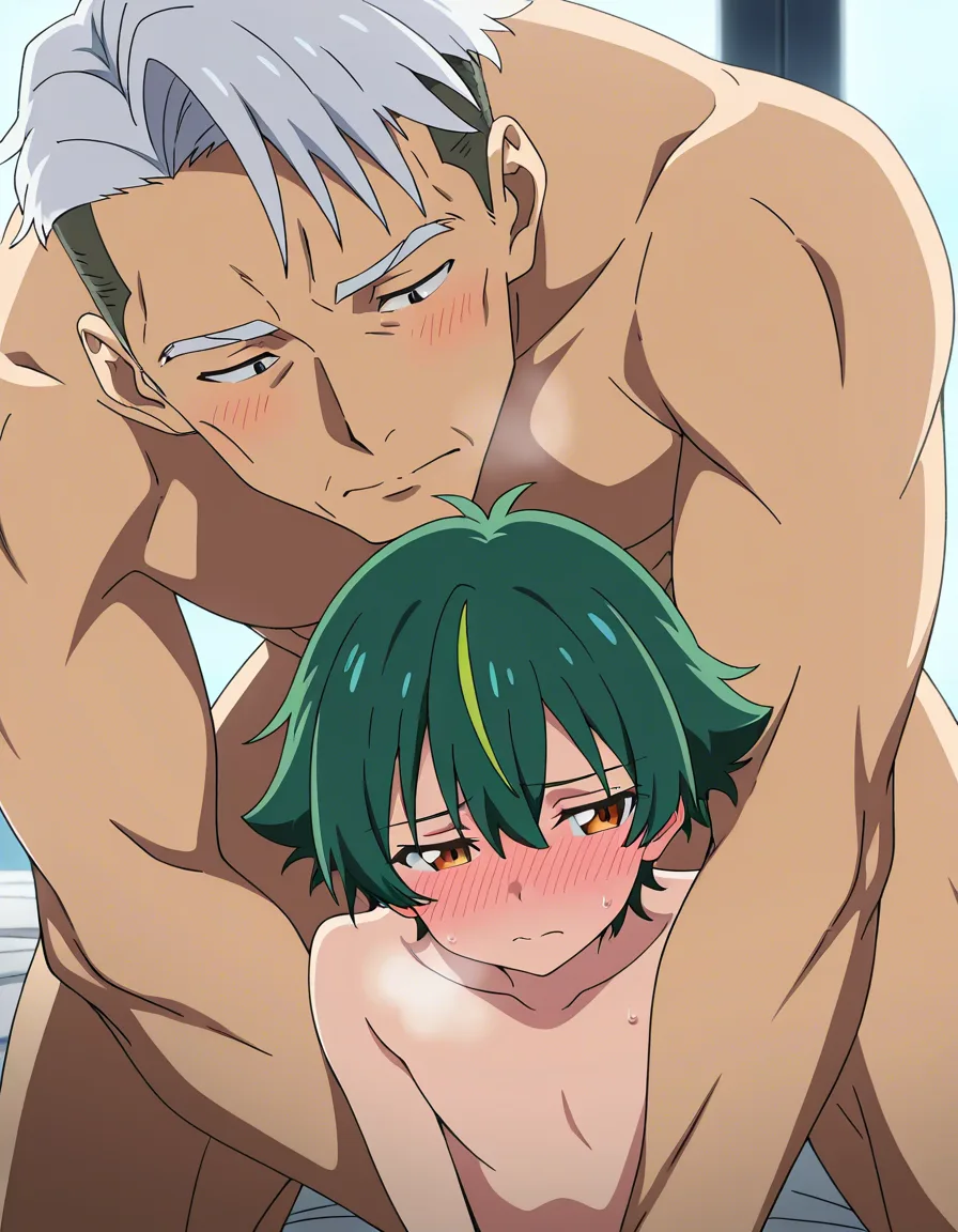 masterpiece quality, best quality, very aesthetic (anime style:1.3), 2d, anime screencap, cel shading, flat color. yaoi, size_difference, age_difference. Older man, handsome, white_hair, short_hair, bangs, naked, blushing, heavy_breathing. Smaller, younger male, green_hair, undercut, green_eyes, naked, blush, ahegao. standing_sex , handsome older male penetratating smaller male, hands around waist, smaller male upside-down BREAK tatami room, futon bed, dim light, night, hentai_studio_quality, hentai_studio_quality, hentai_studio_quality, hentai_studio_quality, hentai_studio_quality, hentai_studio_quality