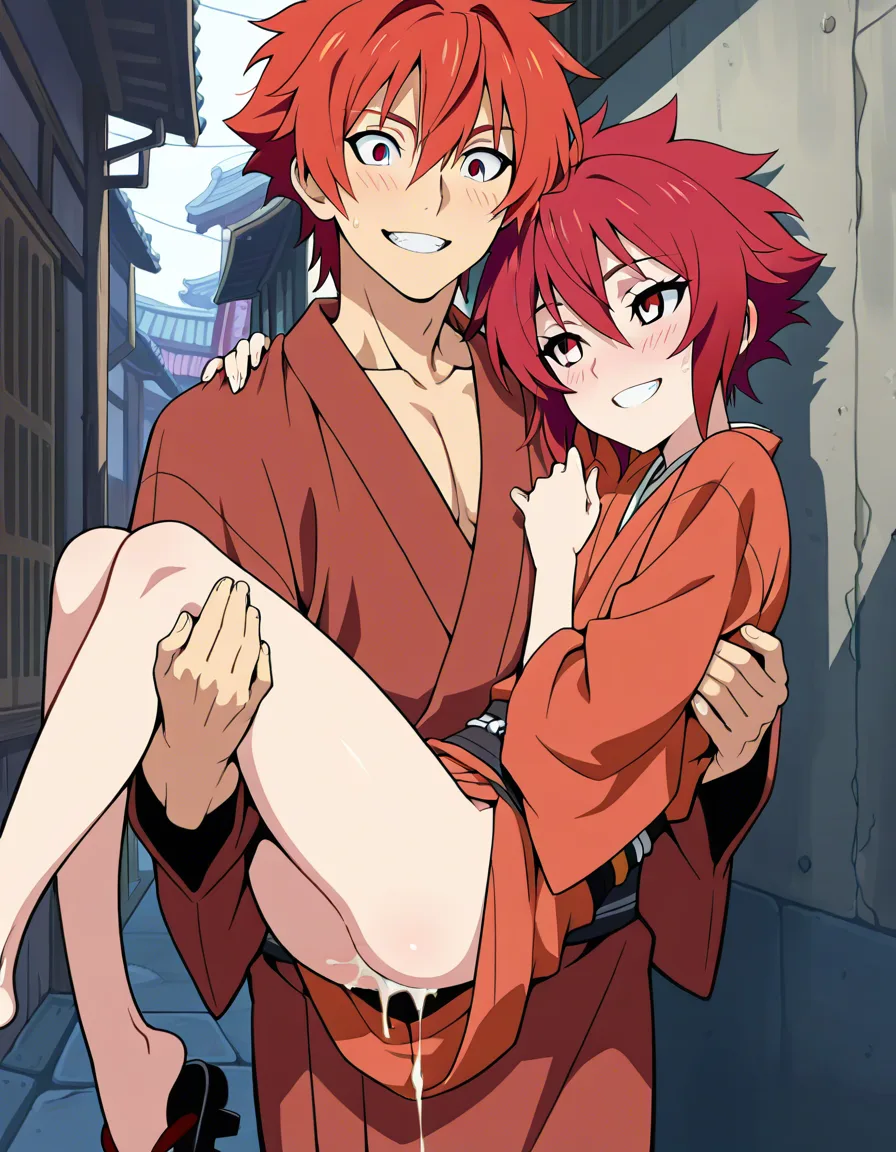 masterpiece, best quality, cel shading, flat color, yaoi, solo, male_focus, smile, blush, grin, after_sex, petite male, spiky red hair, red_eyes, raggedy brown kimono, princess_carry, cum_in_ass, BREAK alley way, old japanese town, hentai_studio_quality, hentai_studio_quality, hentai_studio_quality, hentai_studio_quality, hentai_studio_quality