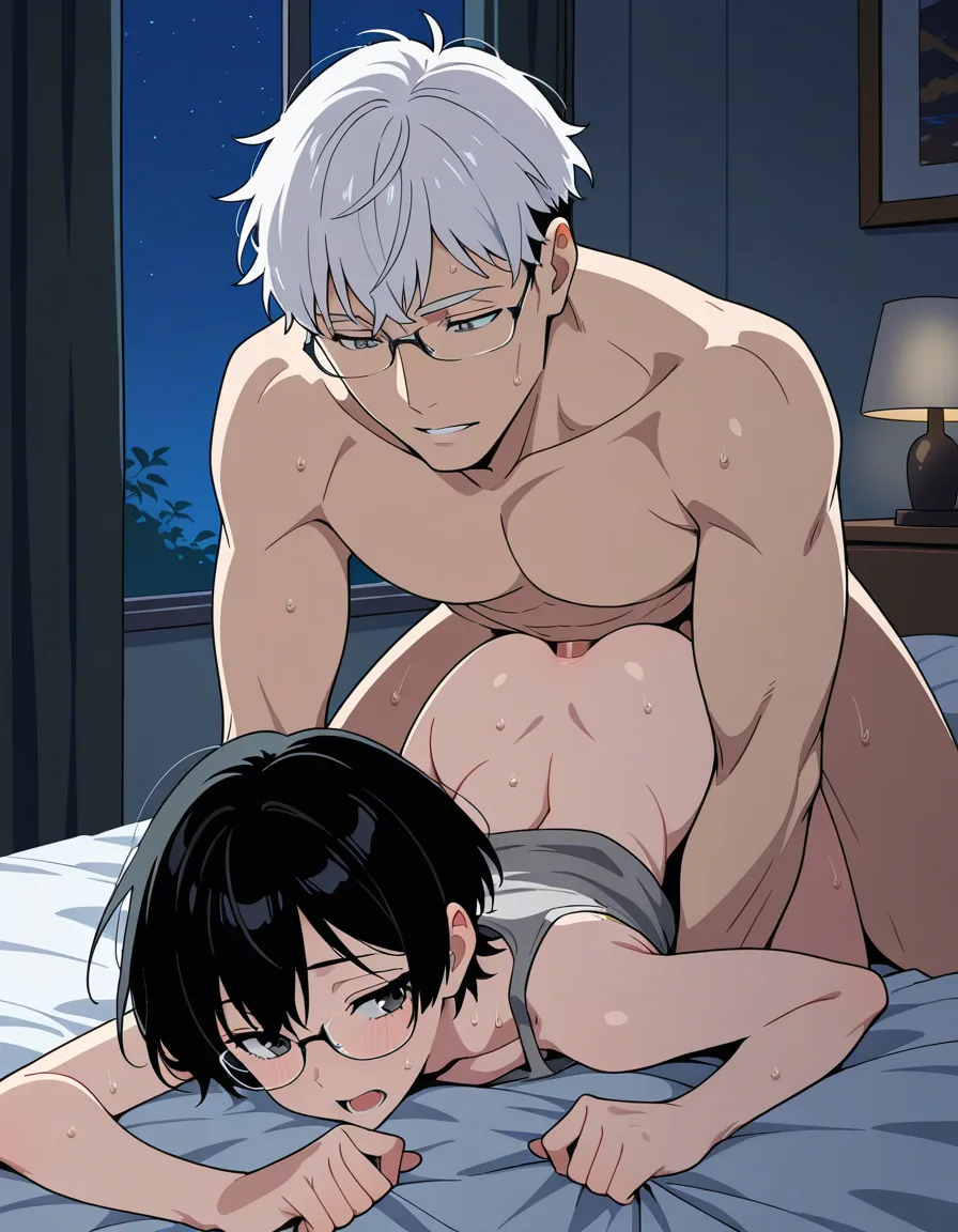 masterpiece, best quality, cel shading, flat color, yaoi, size_difference, shorter male with black hair, black eyes, anal, penetrating a taller, older man with white hair, bangs, grey eyes, glasses BREAK bedroom, night, hentai_studio_quality
