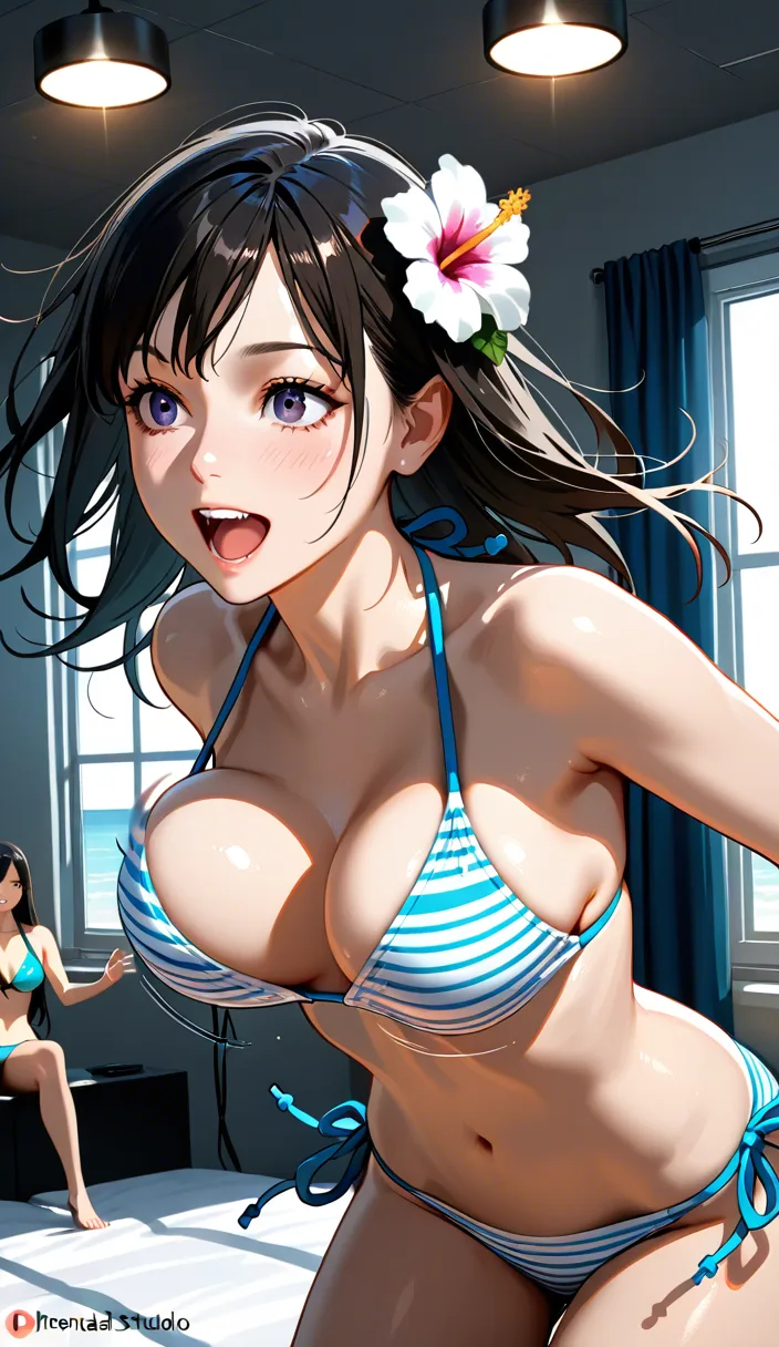best quality, hyperrealistic, multiple girls, hair flower, bikini, bouncing breasts, window light, dslr quality, gooning