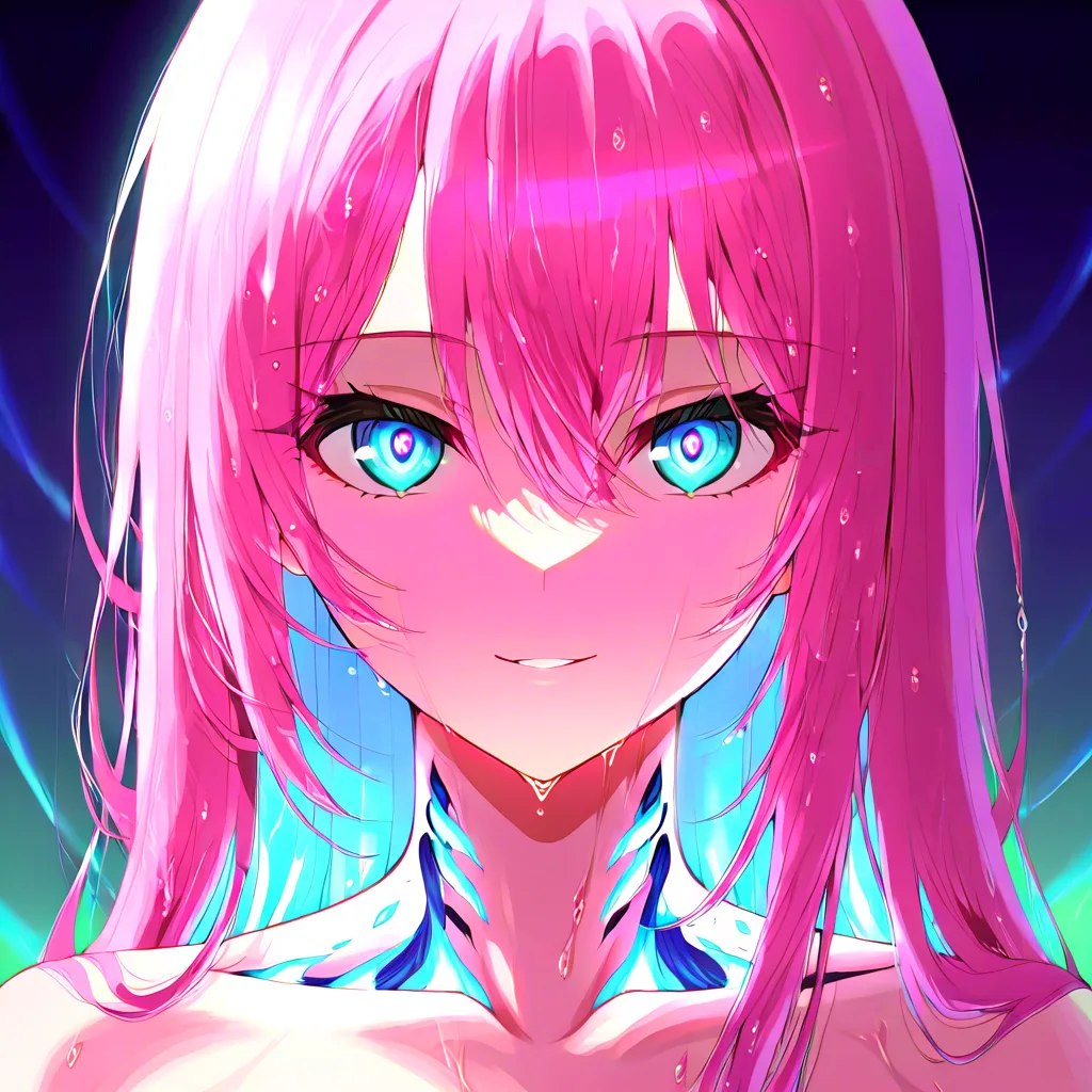 Half-body portrait of a woman emerging from a swirling vortex of liquid geometry. She looks over her shoulder with a smoldering, half-lidded gaze. Wet hair clings to her neck and shoulders. Iridescent light trails cascade down her spine and over her curves. Background filled with expanding Mandelbrot-like fractals in electric pink, turquoise, and molten gold. Cinematic lighting, soft bloom, hyper-detailed skin., (anime style:1.3), 2d, anime screencap, cel shading, flat color, @00osamio00