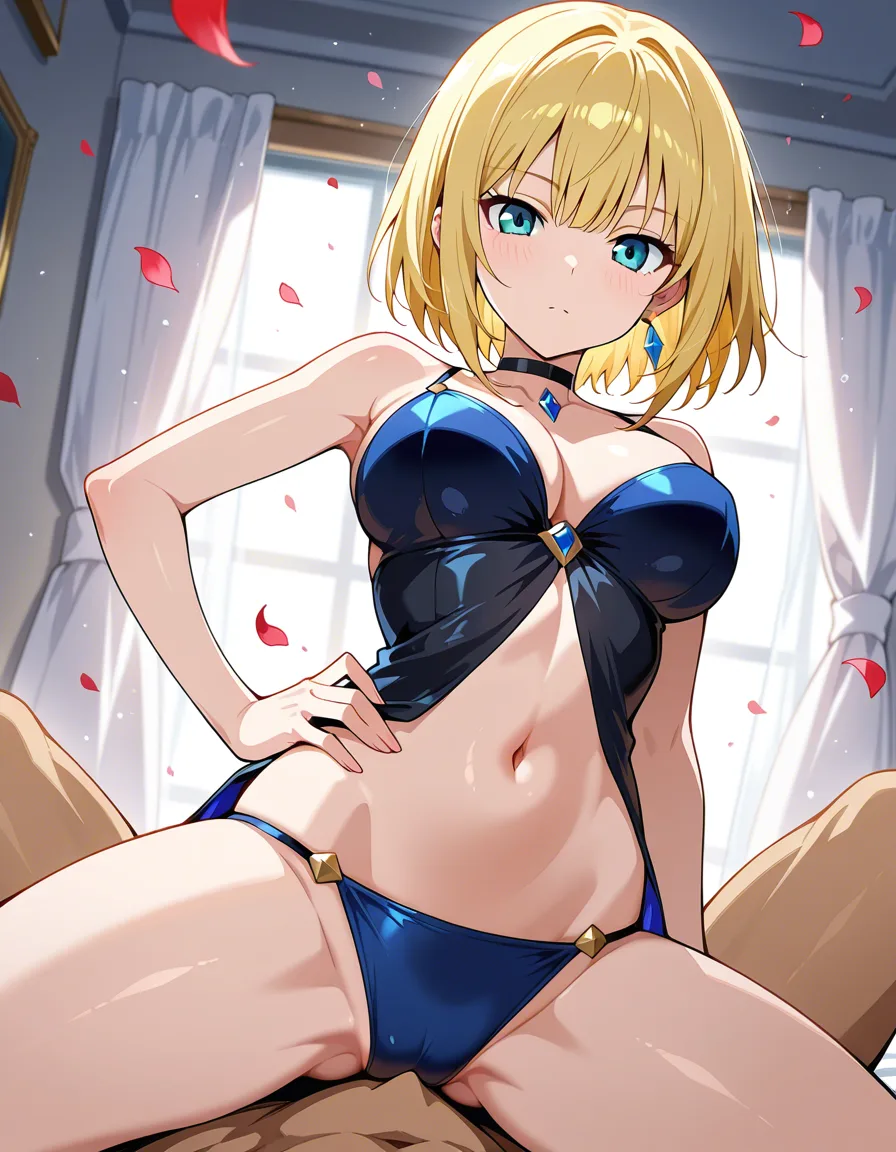 best quality, polished, solo, hand on own hip, choker, 69 position, petals, relaxed mood, anime style, hentai_studio_quality