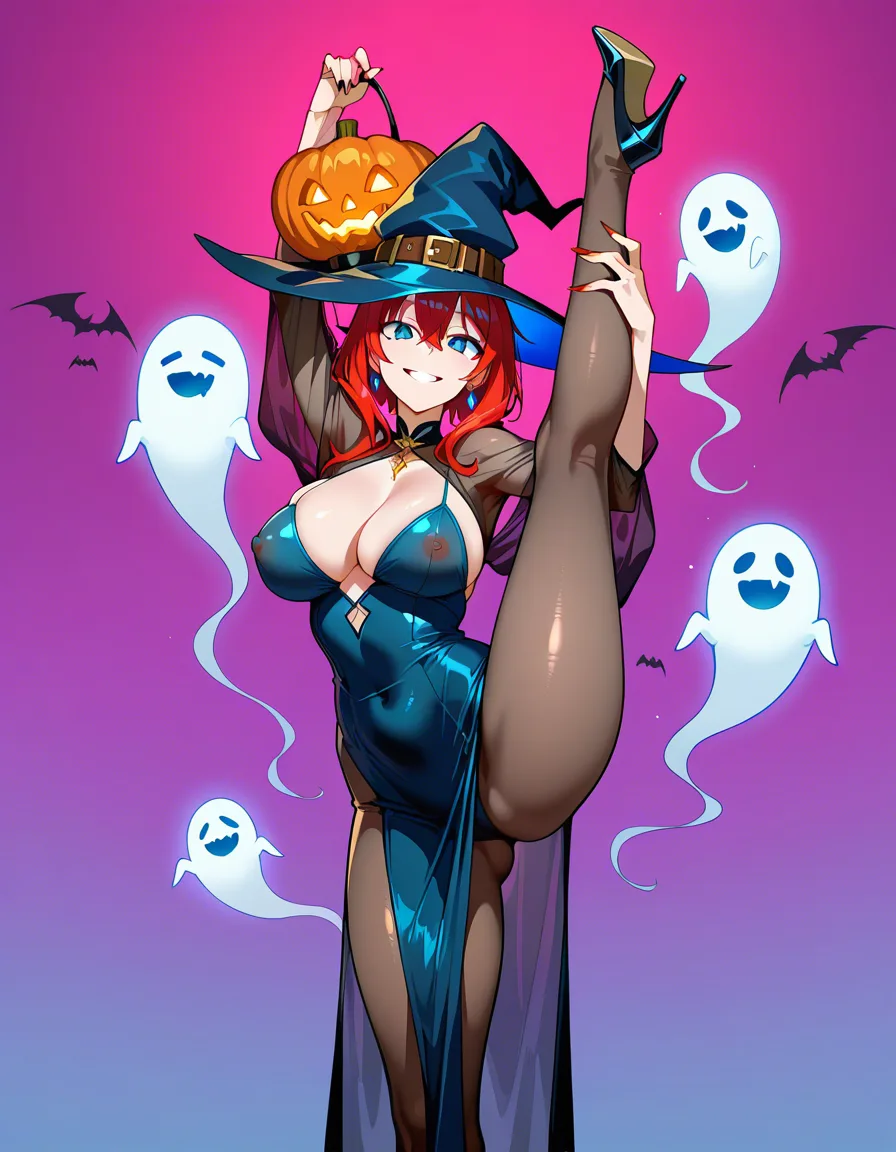 dress up as a ghost，halloween, see-through_clothes ,nipple,ahego, standing_split, hentai_studio_quality