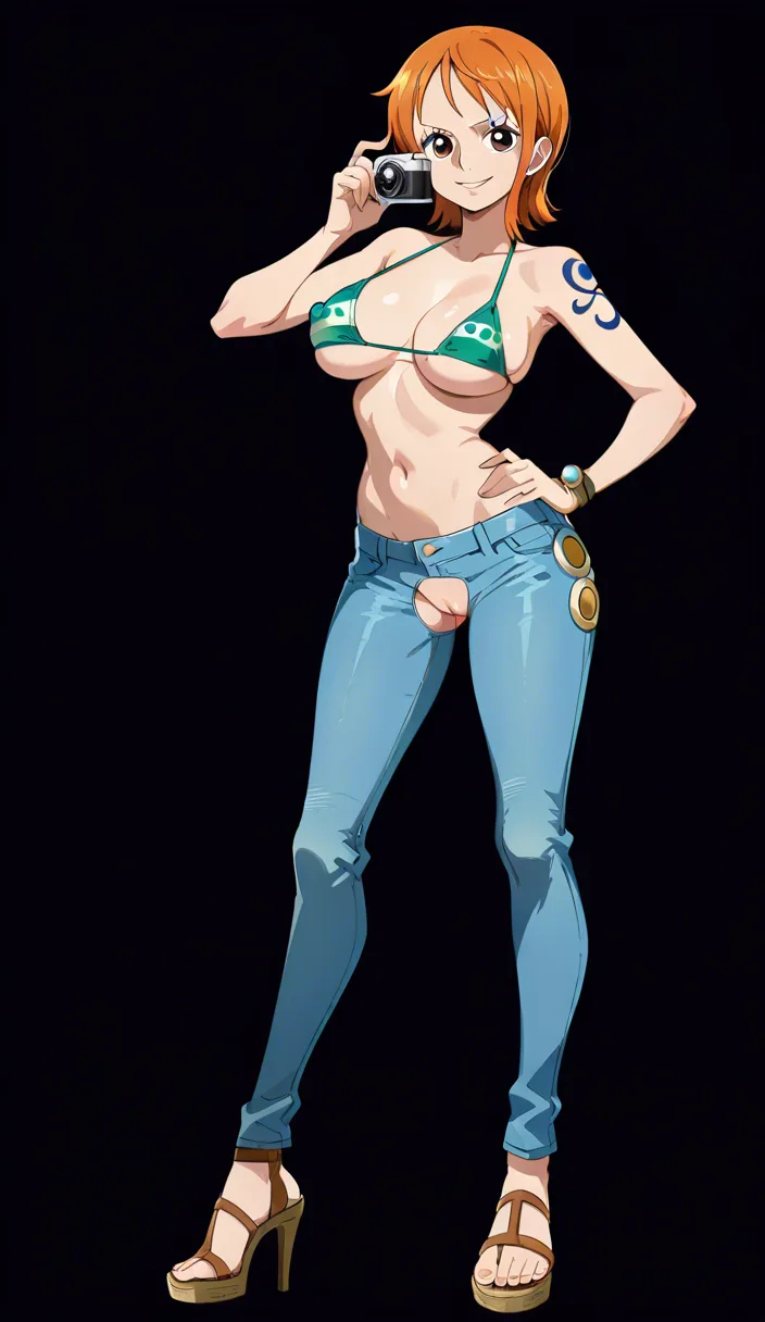 Nami from One Piece, Oda style, full_body, beautiful warm smile, gentle expression, standing, sexy pose, one hand on hip, facing camera, black background, jeans with crotch cutout, green cupless bikini top with only strings, breasts and nipples exposed, pussy exposed, high heel sandals, spherical logpose on left wrist, (anime style:1.3), 2d, anime screencap, cel shading, flat color, @00osamio00