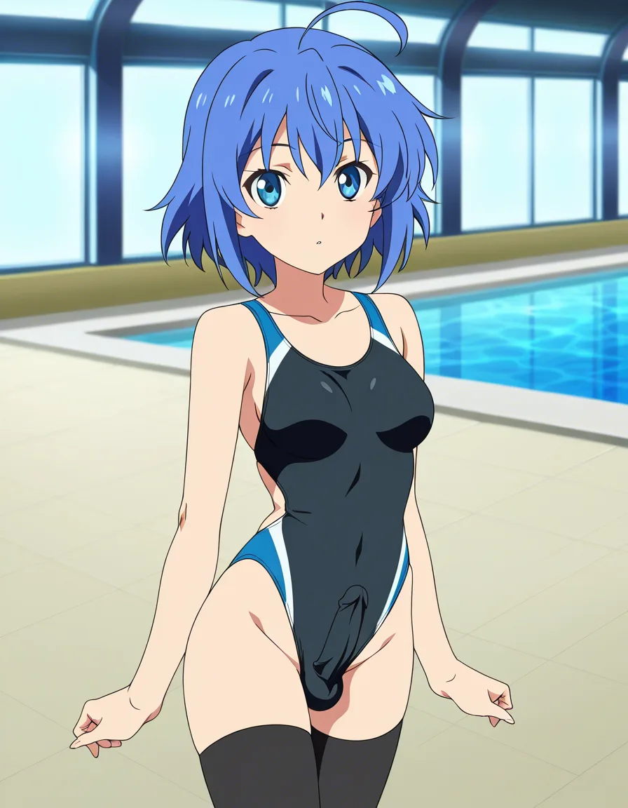 ultra detailed shading, solo, poolside pose, futanari, thighhighs, ahoge, hentai style, (anime style:1.3), 2d, anime screencap, cel shading, flat color, (anime style:1.3), 2d, anime screencap, cel shading, flat color