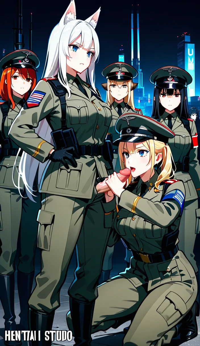 ultra HD, lifelike, 5girls, handjob, animal ears, military, cinematic realism