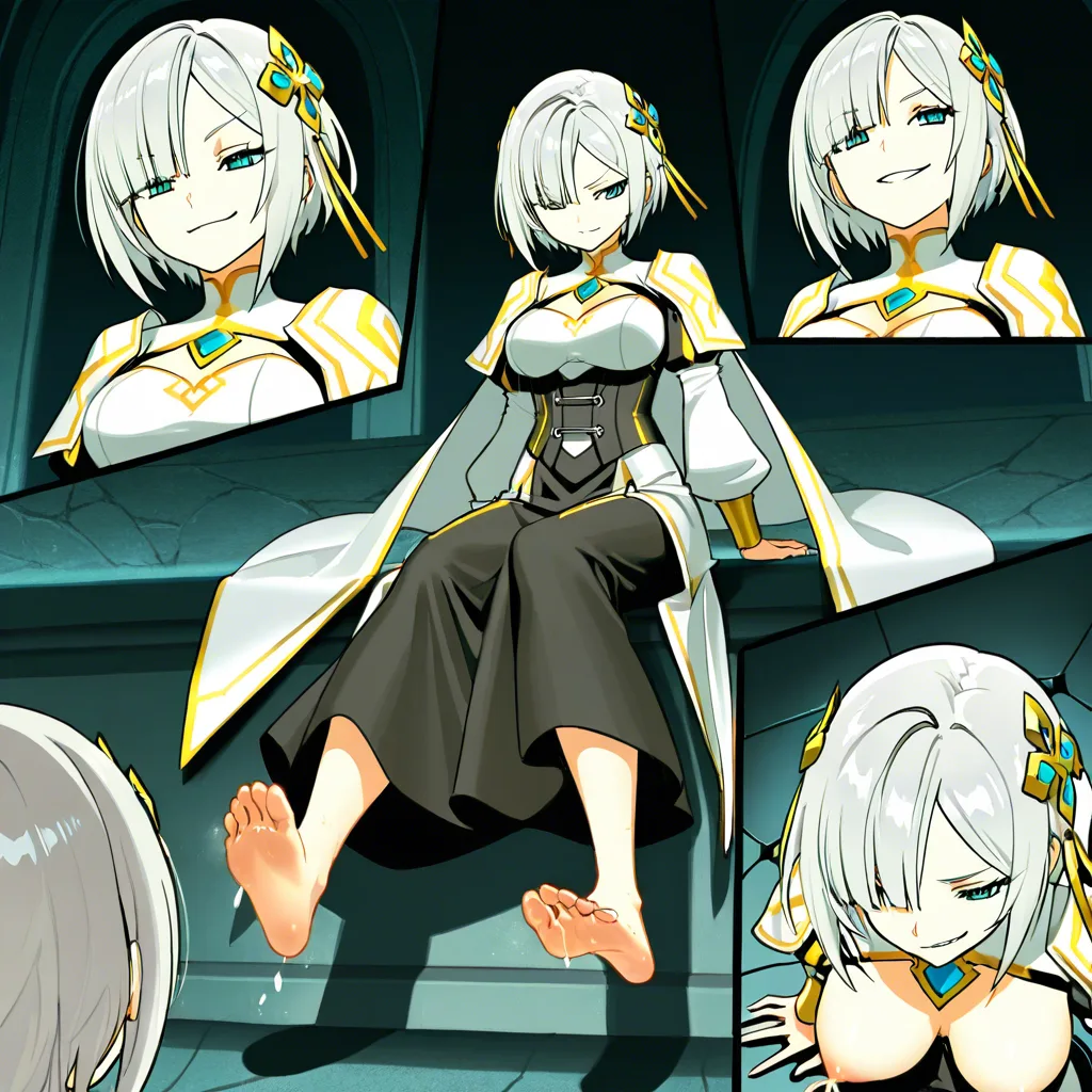(Busty_Lactating_human_female_princess:1.1), noble clothes, short_hair, silver-white_hair_with_bangs, barefoot and feetsoles, (silent comic:1.3), hair_ornament, (pompous:1.3), confident smirking, smugly gloating