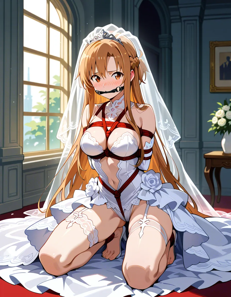 /masterpiece /highres /ultra_detailed @asuna_(sao) #bridal_garter #bridal_veil #wedding_dress #lace #revealing_clothes #embarrassed #kneeling #bondage #gagged, hentai_studio_quality