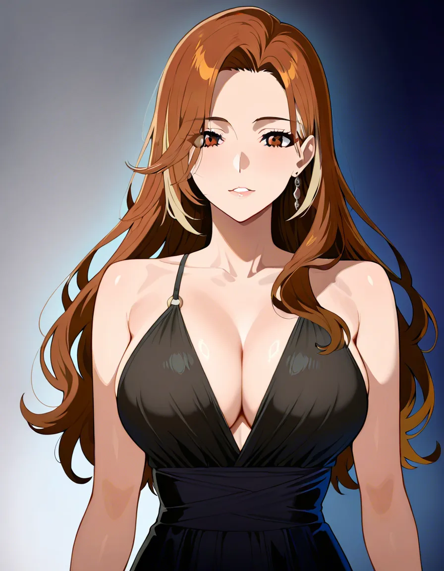 CASIMIR style digital illustration. A 24-year-old woman with long wavy brown hair, brown eyes, soft full lips, and a confident knowing expression. She is a royal escort: poised, elegant, and in command of the space. Volumetric luminous figure with smooth skin, subtle modeling, and soft highlights. She wears a sheer dark gown that has slipped from one shoulder, revealing the upper curve of one breast and the line of her waist; a thin gold chain rests at her collarbone. Her posture is relaxed but deliberate—seated or standing three-quarter, one hand lightly touching the gown at her hip, the other resting near her thigh. Eyes are half-lidded and direct, carrying quiet confidence and erotic charge without urgency.
Background is a flattened, dense, all-over psychedelic ornamental field of stretched circular seals, floral motifs, and swirling cloud forms in deep gold, crimson, violet, and warm amber. One large circular framing device rings her figure. Soft gold smoke and mist drift through the lower composition, wrapping the hem of the gown and rising around her form. High decorative density, Art Nouveau flowing line in the ornament, digital finish. The figure remains smooth and dimensional while the surrounding field stays flat and patterned. No empty space, no realistic room, no signature., hentai_studio_quality