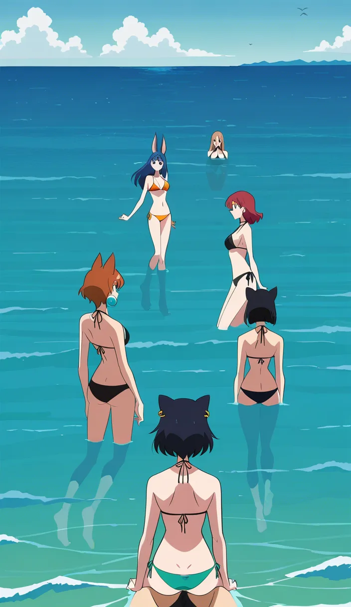 best quality, hyperrealistic, 5girls, animal ears, earrings, reverse cowgirl, ocean, photorealistic