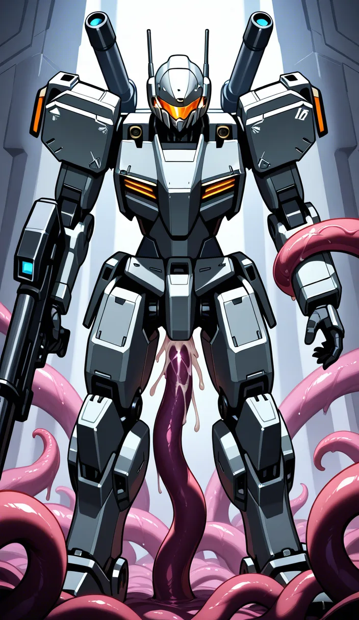 mech machine guard by gate,showing up tentacle from all side to mech and start fuck mech machine guard,tentacle move in body that mech from under down,another two grab his both gun,one tentacle close to front up part body and release cum on face visor in front place,two tentacle penetrate in both gun from front slime hanging on that gun of tentacle