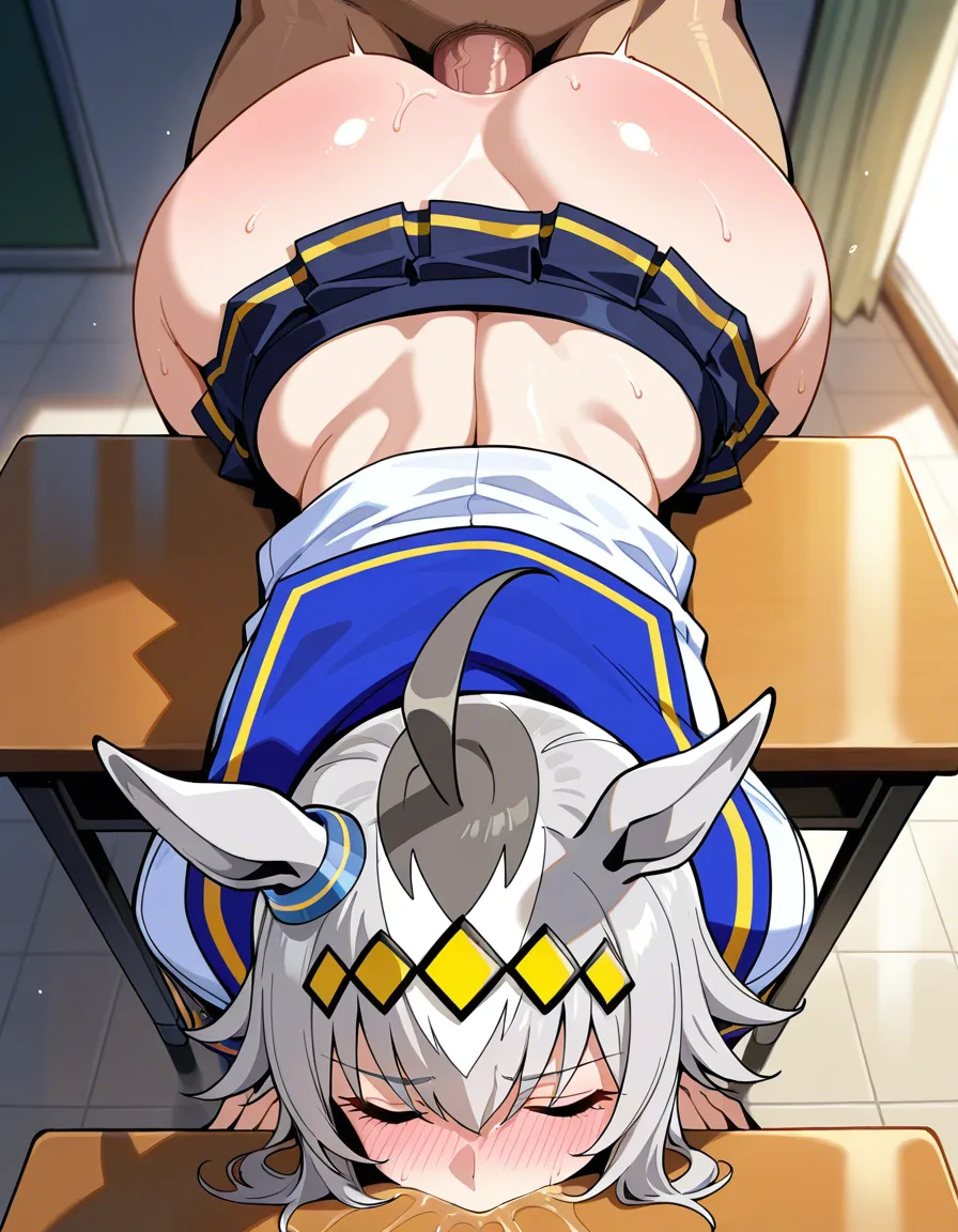 /masterpiece /ultra_detailed absurdres /sharp_focus oguri_cap_(umamusume) miniskirt bottomless bent_over anal_sex table blush huge_ass, hentai_studio_quality